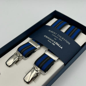Albert Thurston for Cruciani & Bella Made in England Clip on Adjustable Sizing 25 mm elastic braces Blue, Light Blue Stripes X-Shaped Nickel Fittings Size: L #7363