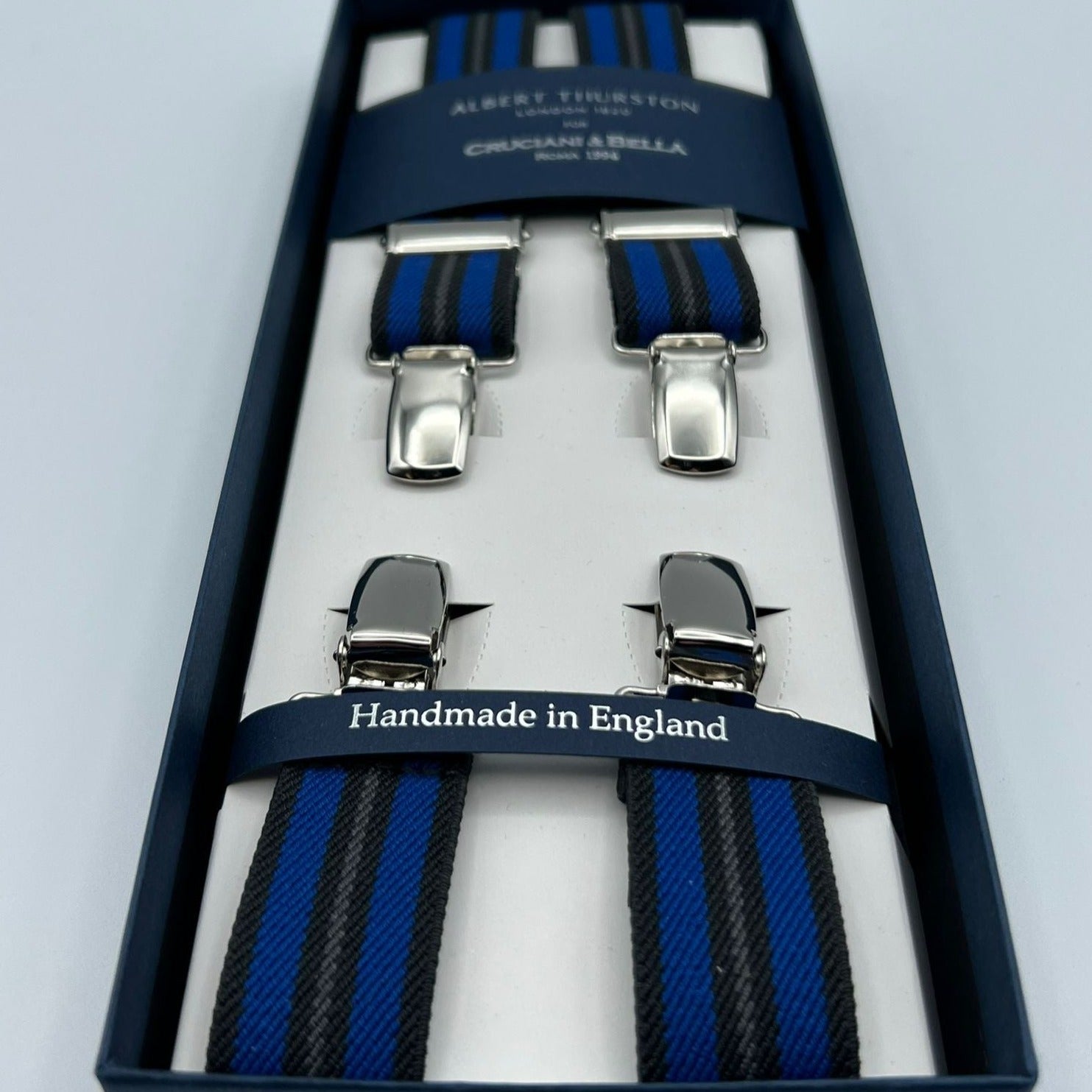 Albert Thurston for Cruciani & Bella Made in England Clip on Adjustable Sizing 25 mm elastic braces Blue, Light Blue Stripes X-Shaped Nickel Fittings Size: L #7363