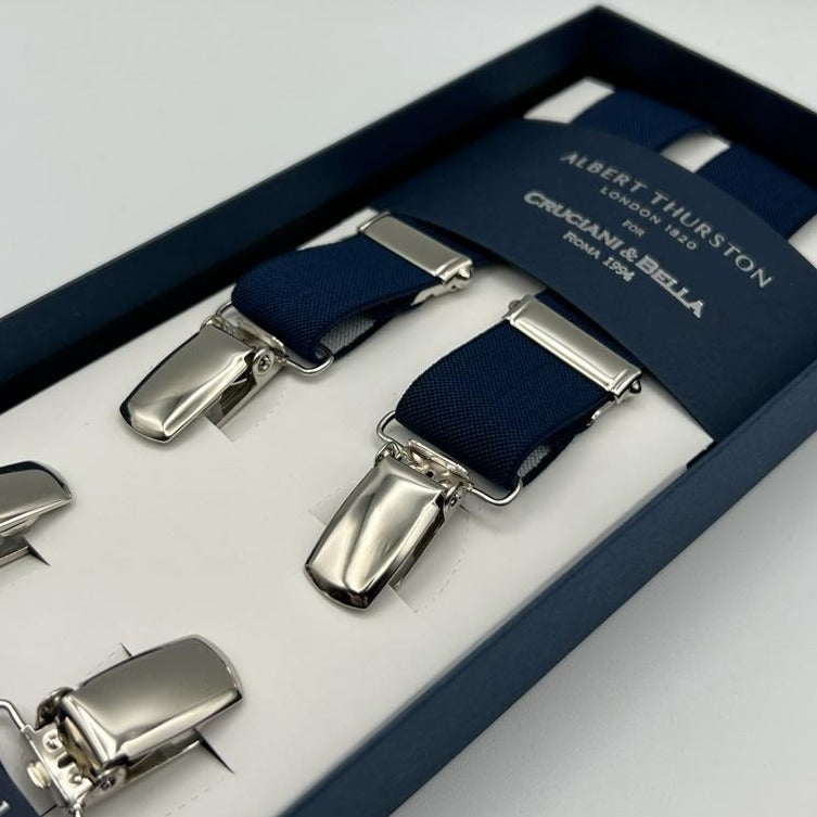 Albert Thurston for Cruciani & Bella Made in England Clip on Adjustable Sizing 25 mm elastic braces Blue Plain X-Shaped Nickel Fittings Size: L #7420