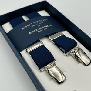 Albert Thurston for Cruciani & Bella Made in England Clip on Adjustable Sizing 25 mm elastic braces Blue Plain X-Shaped Nickel Fittings Size: L #7420