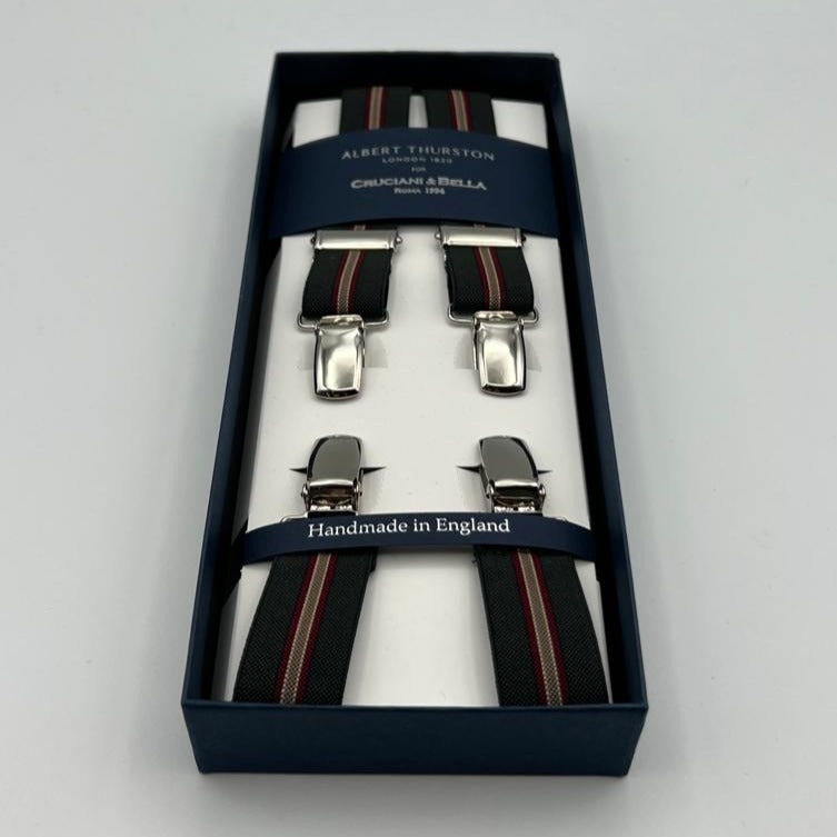 Albert Thurston for Cruciani & Bella Made in England Clip on Adjustable Sizing 25 mm elastic braces Green, Red and Light Brown Stripes X-Shaped Nickel Fittings Size: L #7375