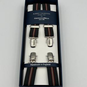 Albert Thurston for Cruciani & Bella Made in England Clip on Adjustable Sizing 25 mm elastic braces Green, Red and Light Brown Stripes X-Shaped Nickel Fittings Size: L #7375