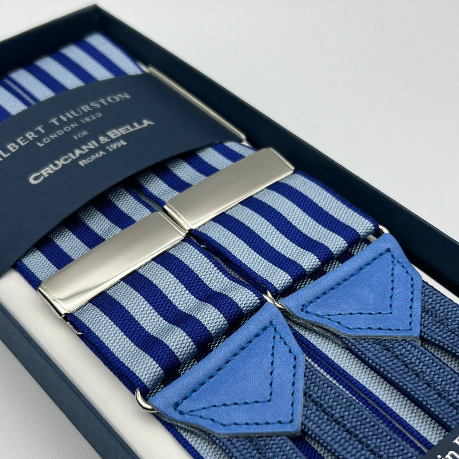 Albert Thurston for Cruciani & Bella Made in England Adjustable Sizing 40 mm Woven Barathea  Blue, Grey Stripes Braces Braid ends Y-Shaped Nickel Fittings Size: XL #7464