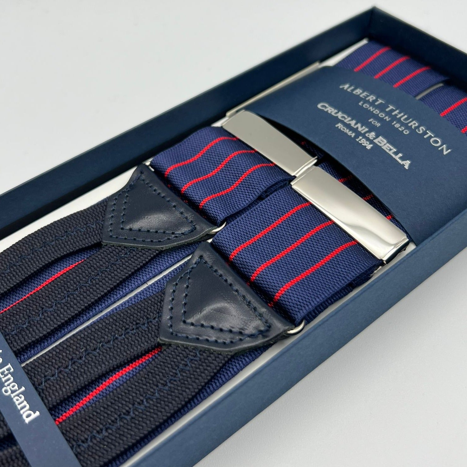 Albert Thurston for Cruciani & Bella Made in England Adjustable Sizing 40 mm Woven Barathea  Blue, Red Stripes Braces Braid ends Y-Shaped Nickel Fittings Size: XL #7465