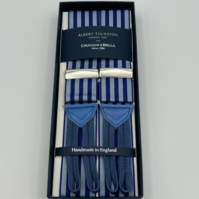 Albert Thurston for Cruciani & Bella Made in England Adjustable Sizing 40 mm Woven Barathea  Blue, Grey Stripes Braces Braid ends Y-Shaped Nickel Fittings Size: XL #7464