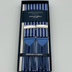 Albert Thurston for Cruciani & Bella Made in England Adjustable Sizing 40 mm Woven Barathea  Blue, Grey Stripes Braces Braid ends Y-Shaped Nickel Fittings Size: XL #7464