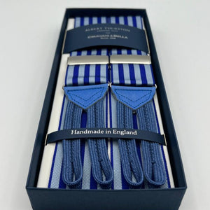 Albert Thurston for Cruciani & Bella Made in England Adjustable Sizing 40 mm Woven Barathea  Blue, Grey Stripes Braces Braid ends Y-Shaped Nickel Fittings Size: XL #7464