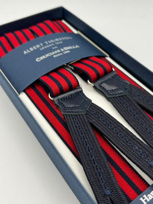 Albert Thurston for Cruciani & Bella Made in England Adjustable Sizing 25 mm elastic braces Red, Blue Stripes Braid ends Y-Shaped Nickel  Fittings Size: L #7474