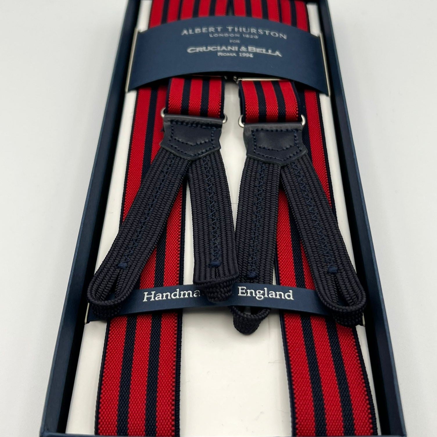 Albert Thurston for Cruciani & Bella Made in England Adjustable Sizing 25 mm elastic braces Red, Blue Stripes Braid ends Y-Shaped Nickel  Fittings Size: L #7474