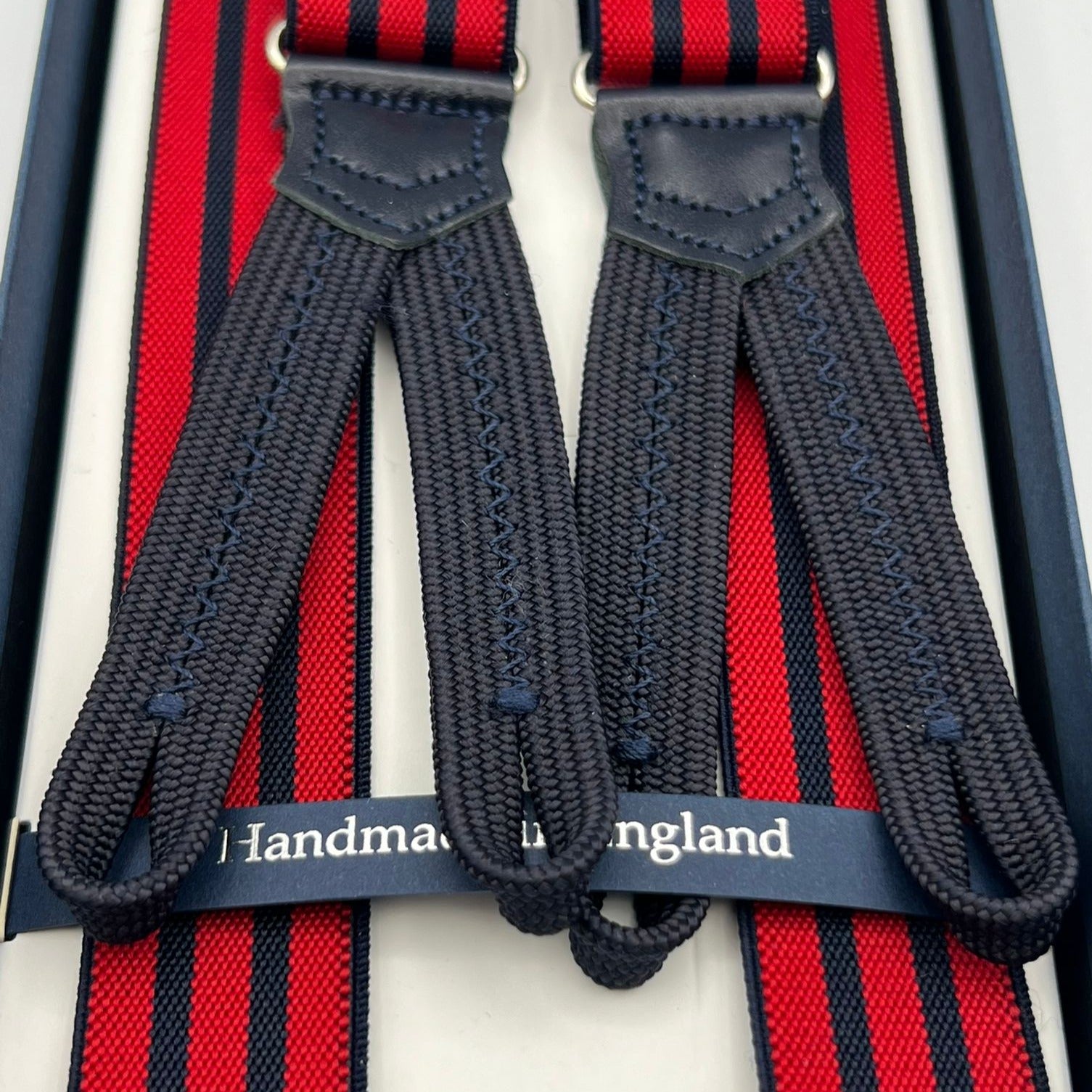 Albert Thurston for Cruciani & Bella Made in England Adjustable Sizing 25 mm elastic braces Red, Blue Stripes Braid ends Y-Shaped Nickel  Fittings Size: L #7474