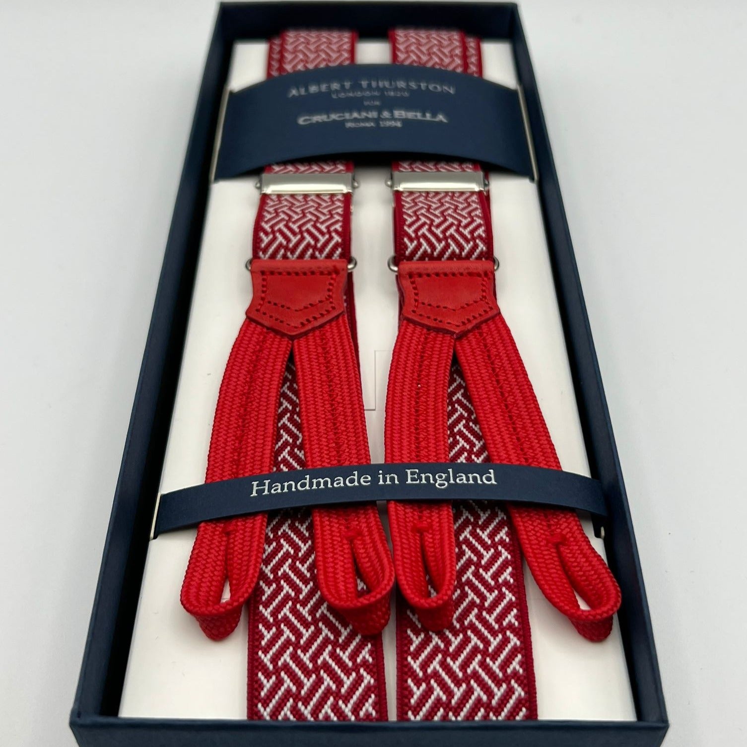 Albert Thurston for Cruciani & Bella Made in England Adjustable Sizing 25 mm elastic braces Red, White Motif Braid ends Y-Shaped Nickel  Fittings Size: L #7471
