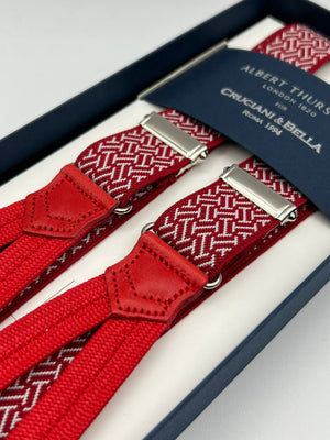 Albert Thurston for Cruciani & Bella Made in England Adjustable Sizing 25 mm elastic braces Red, White Motif Braid ends Y-Shaped Nickel  Fittings Size: L #7471