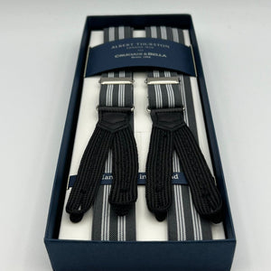 Albert Thurston for Cruciani & Bella Made in England Adjustable Sizing 25 mm elastic braces Grey, White Stripes  Braid ends Y-Shaped Nickel  Fittings Size: L #7482