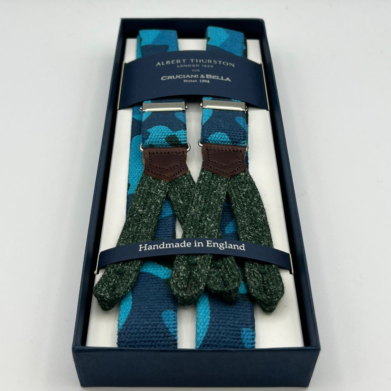 Albert Thurston for Cruciani & Bella Made in England Adjustable Sizing 25 mm elastic braces Blue, Azure  Military Motif Braid ends Y-Shaped Nickel  Fittings Size: L #7480