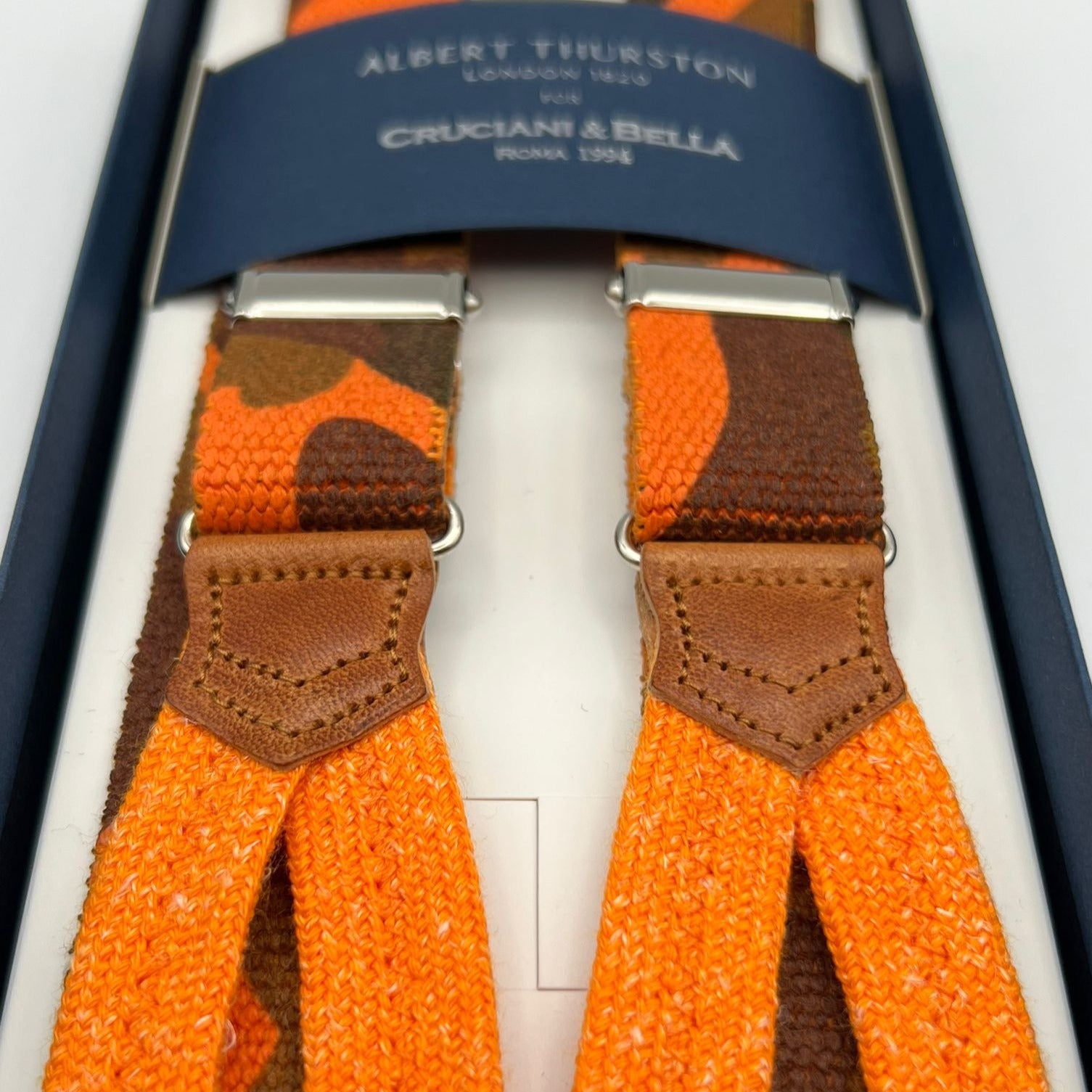 Albert Thurston for Cruciani & Bella Made in England Adjustable Sizing 25 mm elastic braces Orange and Brown Military Motif Braid ends Y-Shaped Nickel  Fittings Size: L #7478