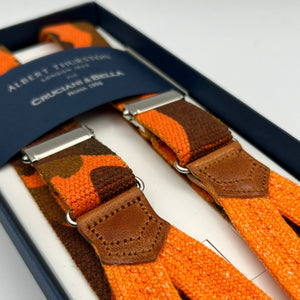 Albert Thurston for Cruciani & Bella Made in England Adjustable Sizing 25 mm elastic braces Orange and Brown Military Motif Braid ends Y-Shaped Nickel  Fittings Size: L #7478