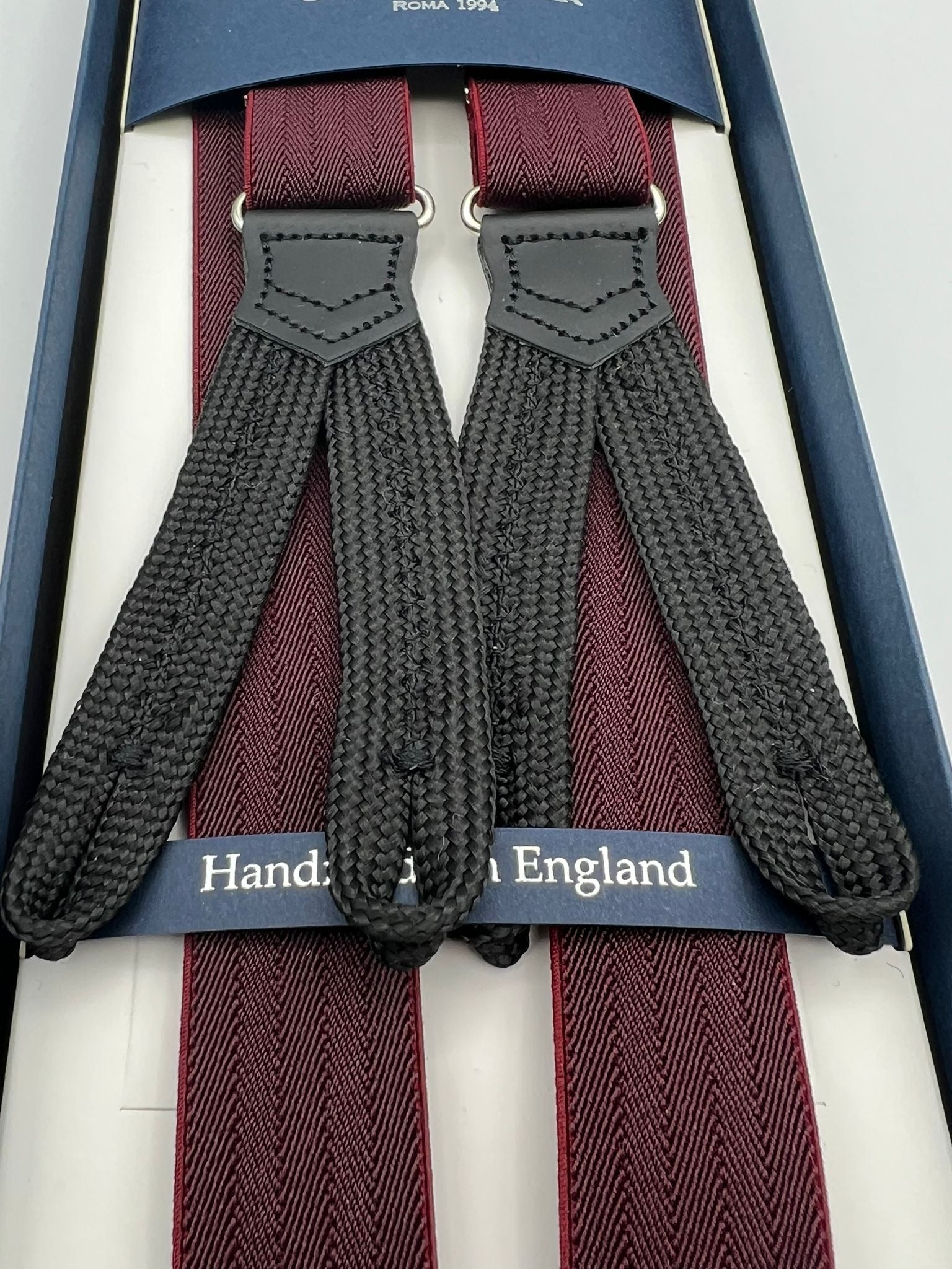 Albert Thurston for Cruciani & Bella Made in England Adjustable Sizing 25 mm elastic braces Wine herringbone Braid ends Y-Shaped Nickel Fittings Size: L #7485