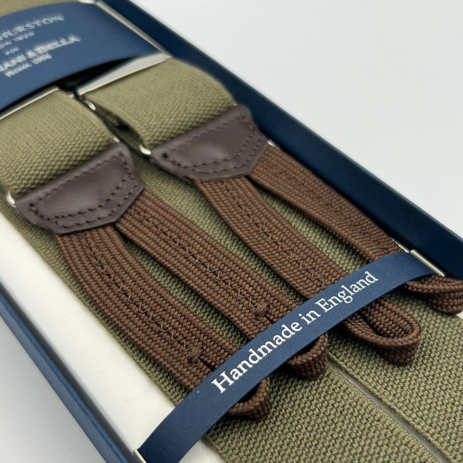 Albert Thurston for Cruciani & Bella Made in England Adjustable Sizing 35 mm Elastic Braces Green Plain Braces Braid ends Y-Shaped Nickel Fittings Size: L #7490