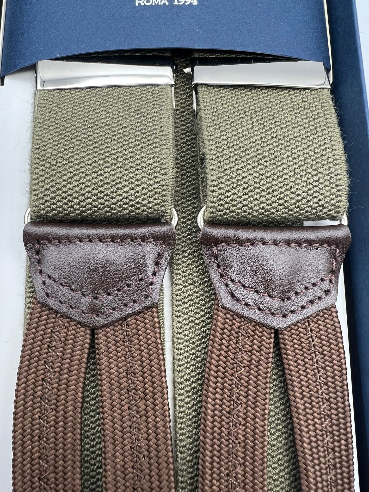 Albert Thurston for Cruciani & Bella Made in England Adjustable Sizing 35 mm Elastic Braces Green Plain Braces Braid ends Y-Shaped Nickel Fittings Size: L #7490