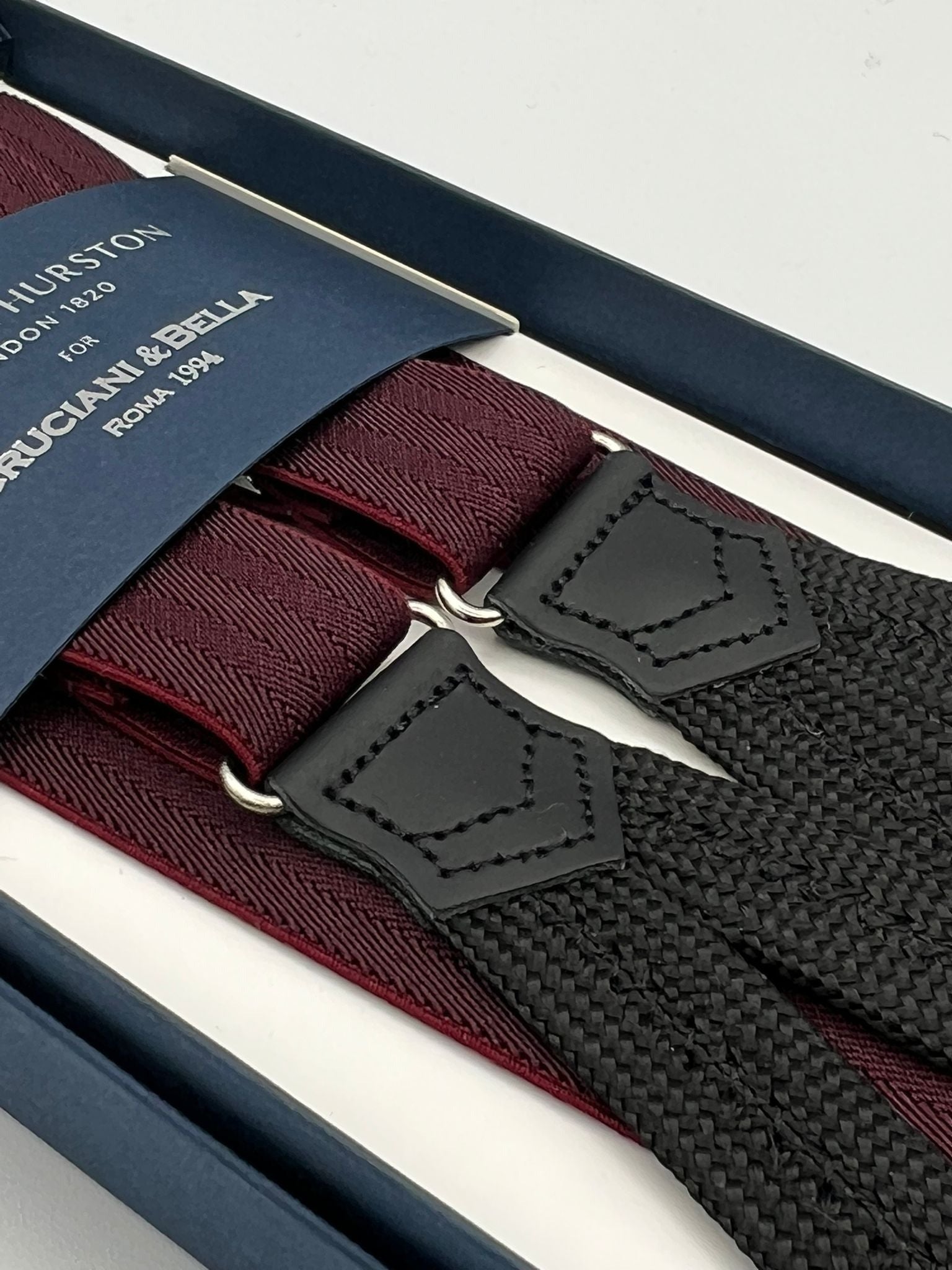 Albert Thurston for Cruciani & Bella Made in England Adjustable Sizing 25 mm elastic braces Wine herringbone Braid ends Y-Shaped Nickel Fittings Size: L #7485