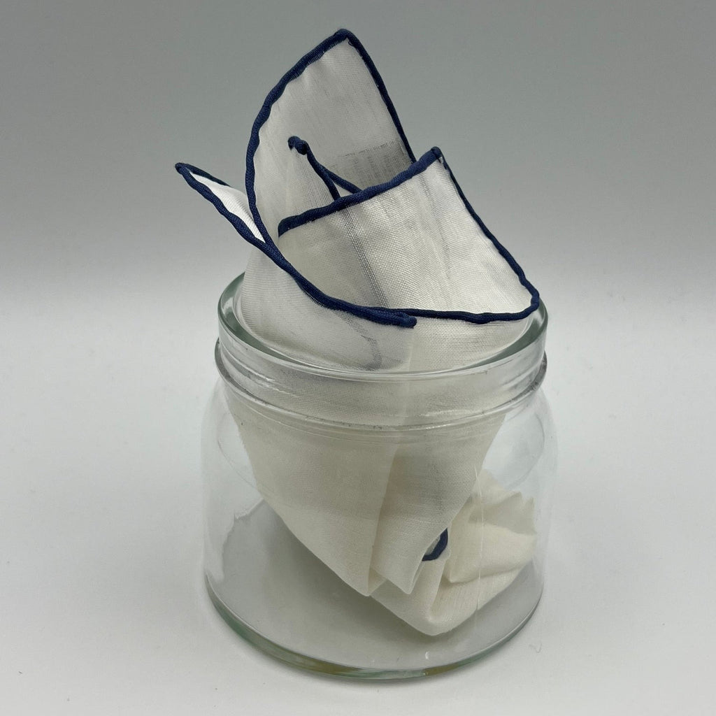 Cruciani & Bella 60%Linen 40% Cotton Hand-rolled  -  Pocket Square White and Royal Blue Handmade in Italy 33 cm X 33 cm #7516