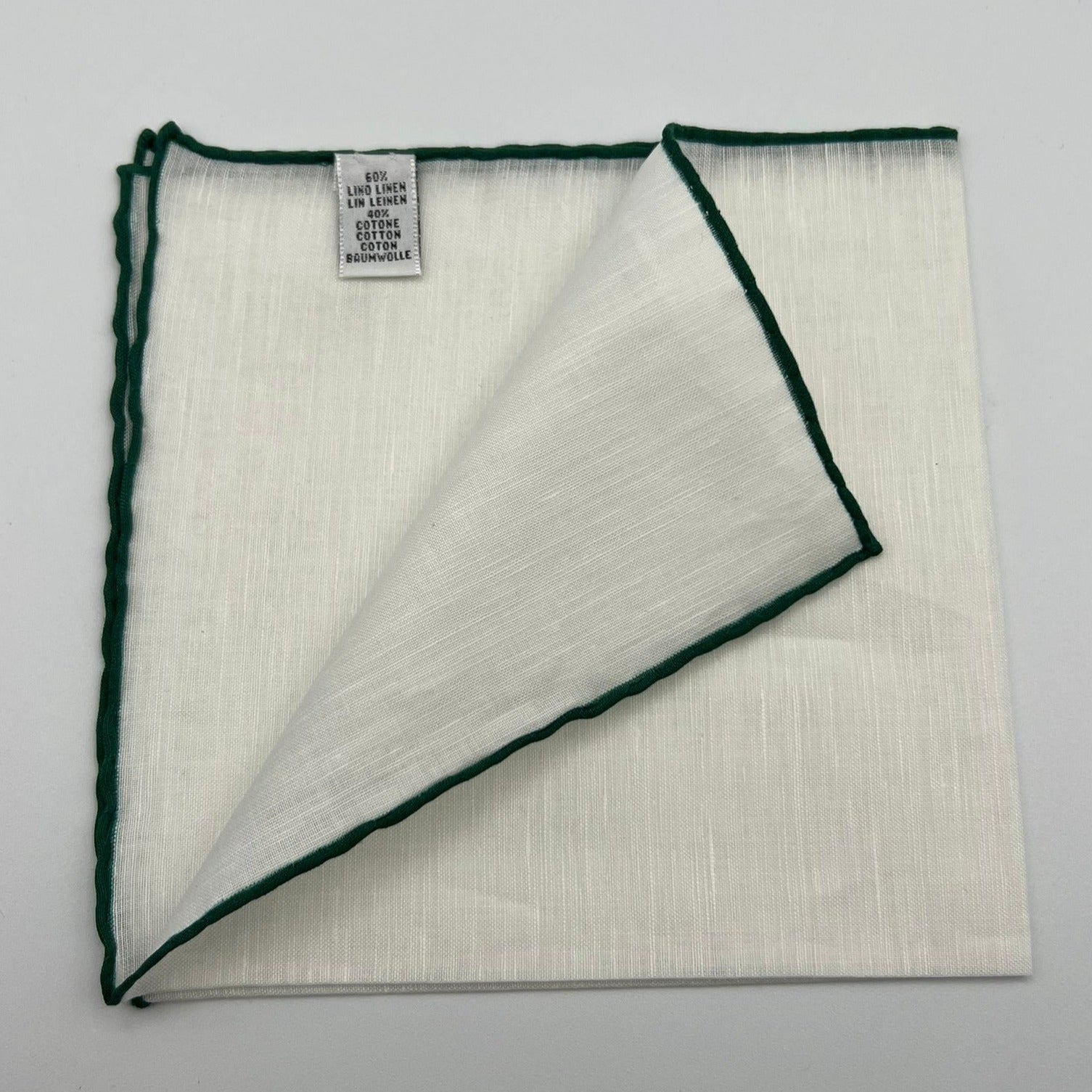Cruciani & Bella 60%Linen 40% Cotton Hand-rolled  -  Pocket Square White and Green Handmade in Italy 33 cm X 33 cm #7513