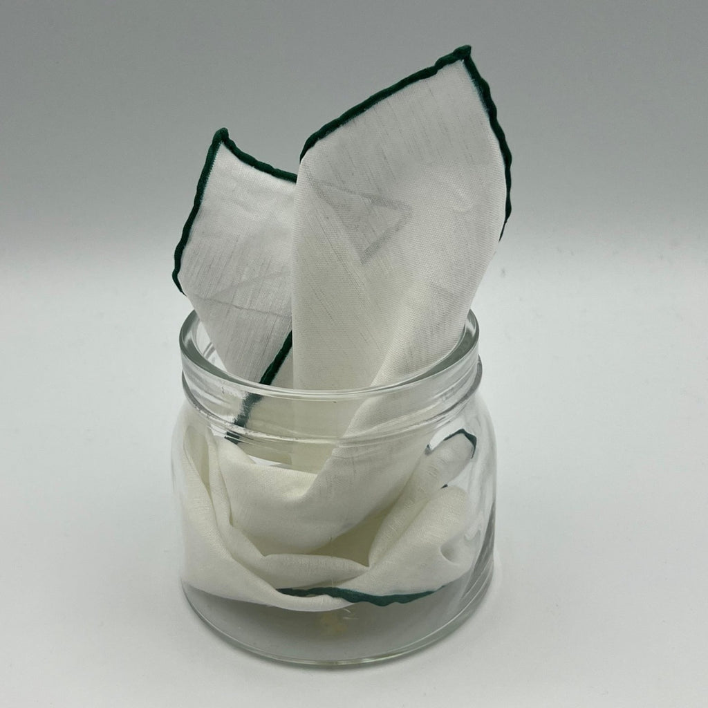 Cruciani & Bella 60%Linen 40% Cotton Hand-rolled  -  Pocket Square White and Green Handmade in Italy 33 cm X 33 cm #7513