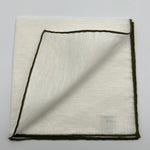 Cruciani & Bella 60%Linen 40% Cotton Hand-rolled  -  Pocket Square White and Olive Green Handmade in Italy 33 cm X 33 cm #7519