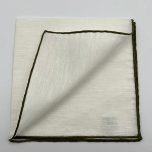 Cruciani & Bella 60%Linen 40% Cotton Hand-rolled  -  Pocket Square White and Olive Green Handmade in Italy 33 cm X 33 cm #7519