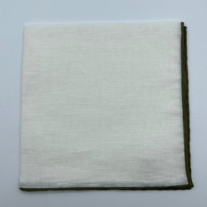 Cruciani & Bella 60%Linen 40% Cotton Hand-rolled  -  Pocket Square White and Olive Green Handmade in Italy 33 cm X 33 cm #7519