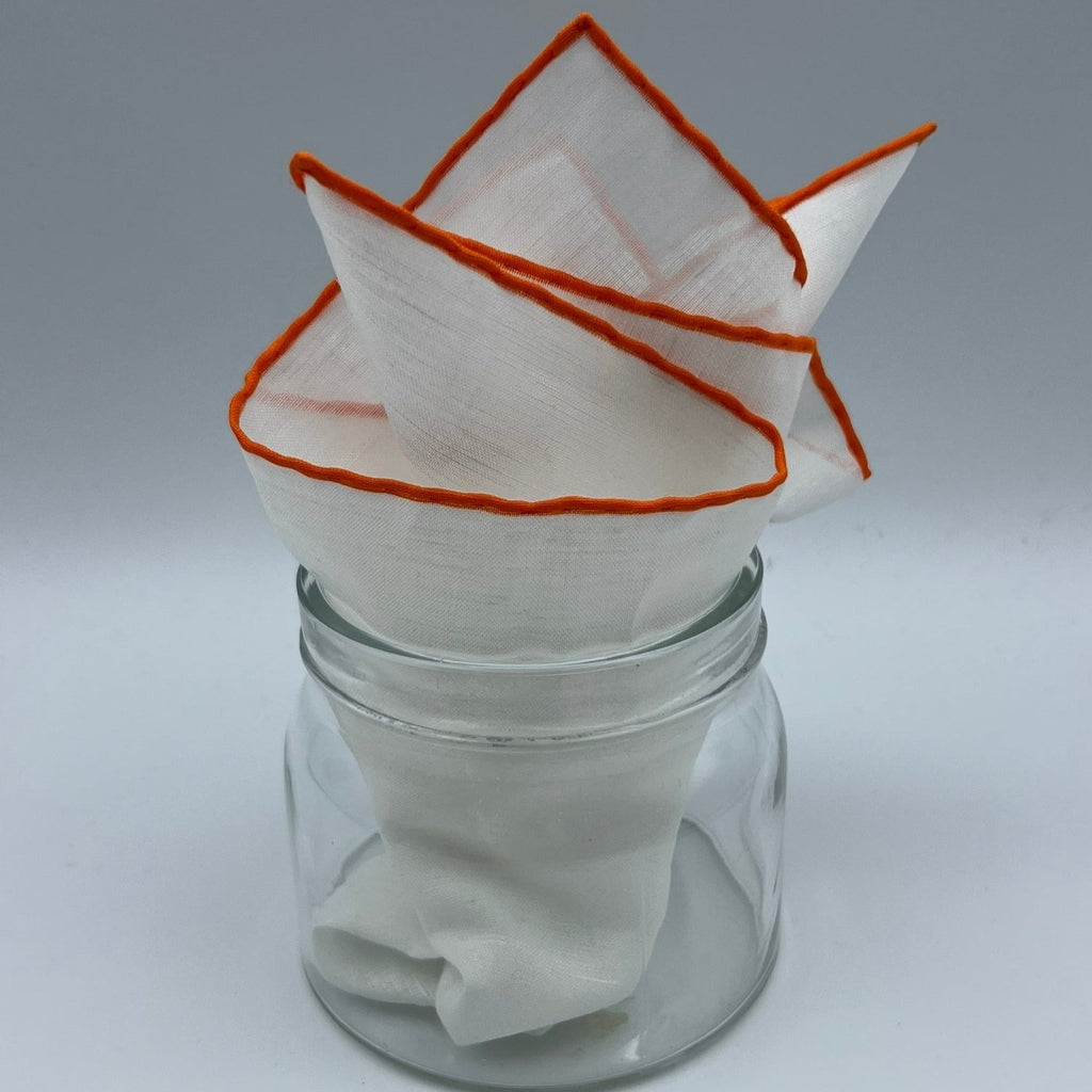 Cruciani & Bella 60%Linen 40% Cotton Hand-rolled  -  Pocket Square White and Orange Handmade in Italy 33 cm X 33 cm #7515