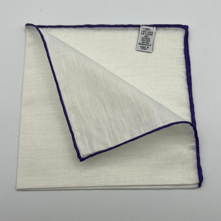 Cruciani & Bella 60%Linen 40% Cotton Hand-rolled  -  Pocket Square White and Violet Handmade in Italy 33 cm X 33 cm #7518