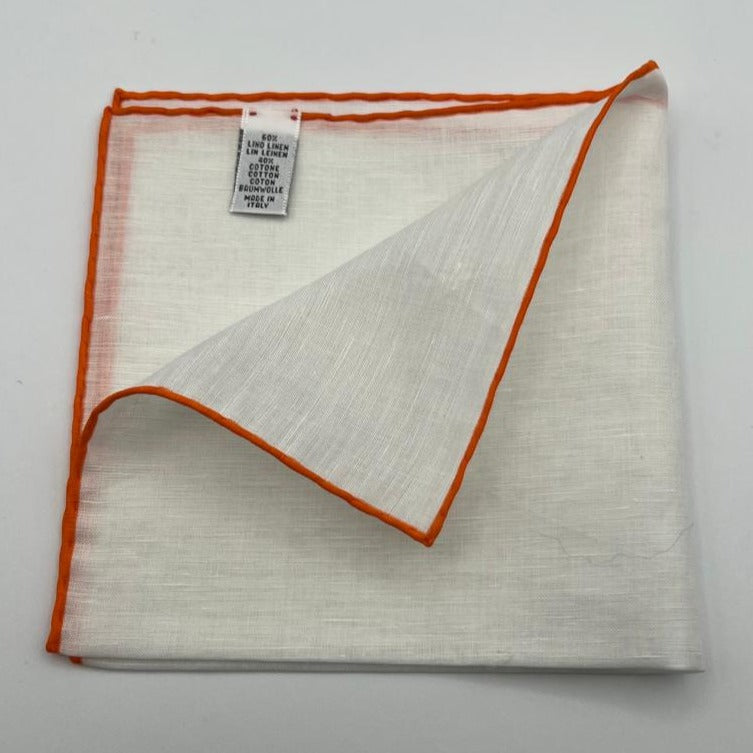 Cruciani & Bella 60%Linen 40% Cotton Hand-rolled  -  Pocket Square White and Orange Handmade in Italy 33 cm X 33 cm #7515
