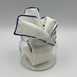 Cruciani & Bella 60%Linen 40% Cotton Hand-rolled  -  Pocket Square White and Violet Handmade in Italy 33 cm X 33 cm #7518