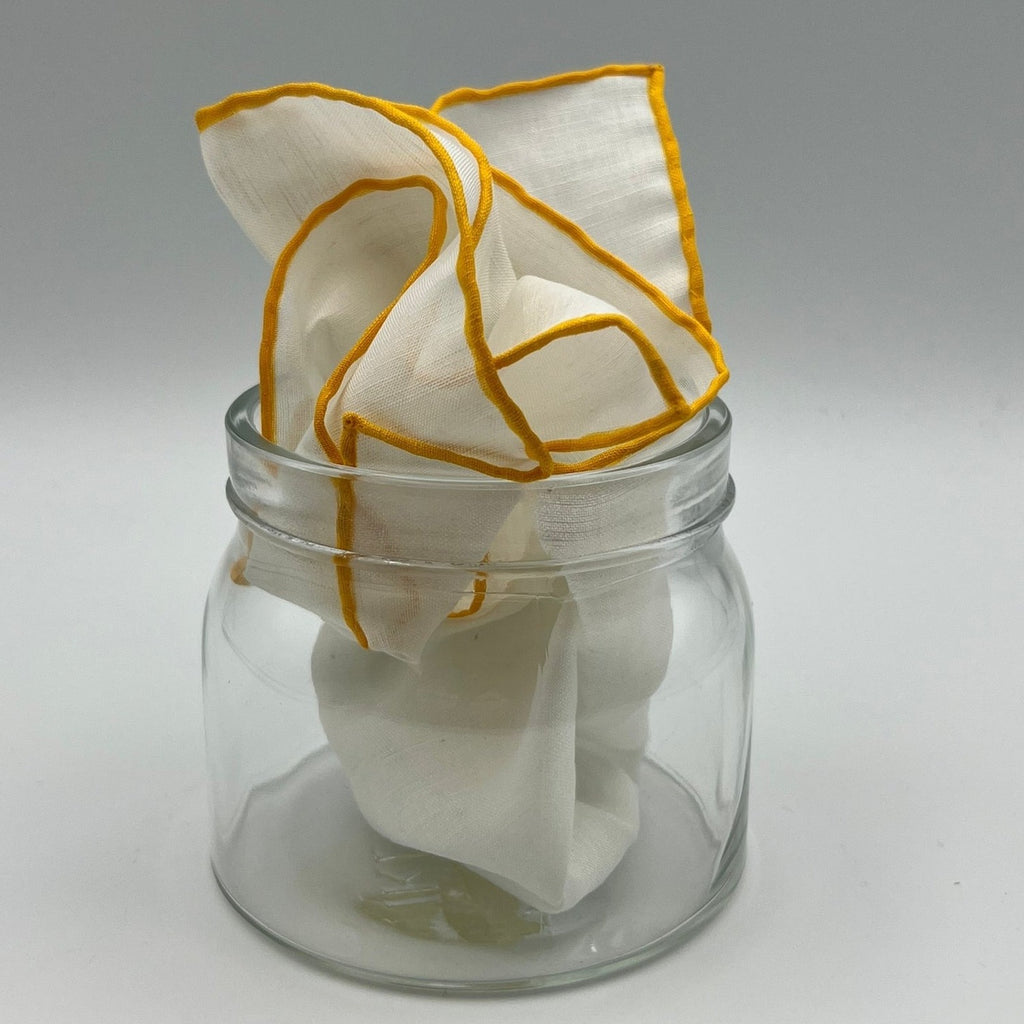 Cruciani & Bella 60%Linen 40% Cotton Hand-rolled  -  Pocket Square White and Yellow Handmade in Italy 33 cm X 33 cm #7512