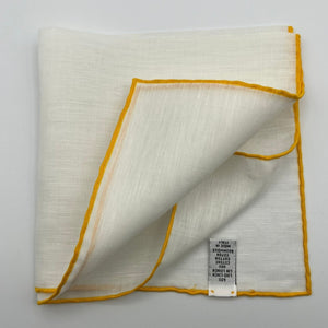 Cruciani & Bella 60%Linen 40% Cotton Hand-rolled  -  Pocket Square White and Yellow Handmade in Italy 33 cm X 33 cm #7512