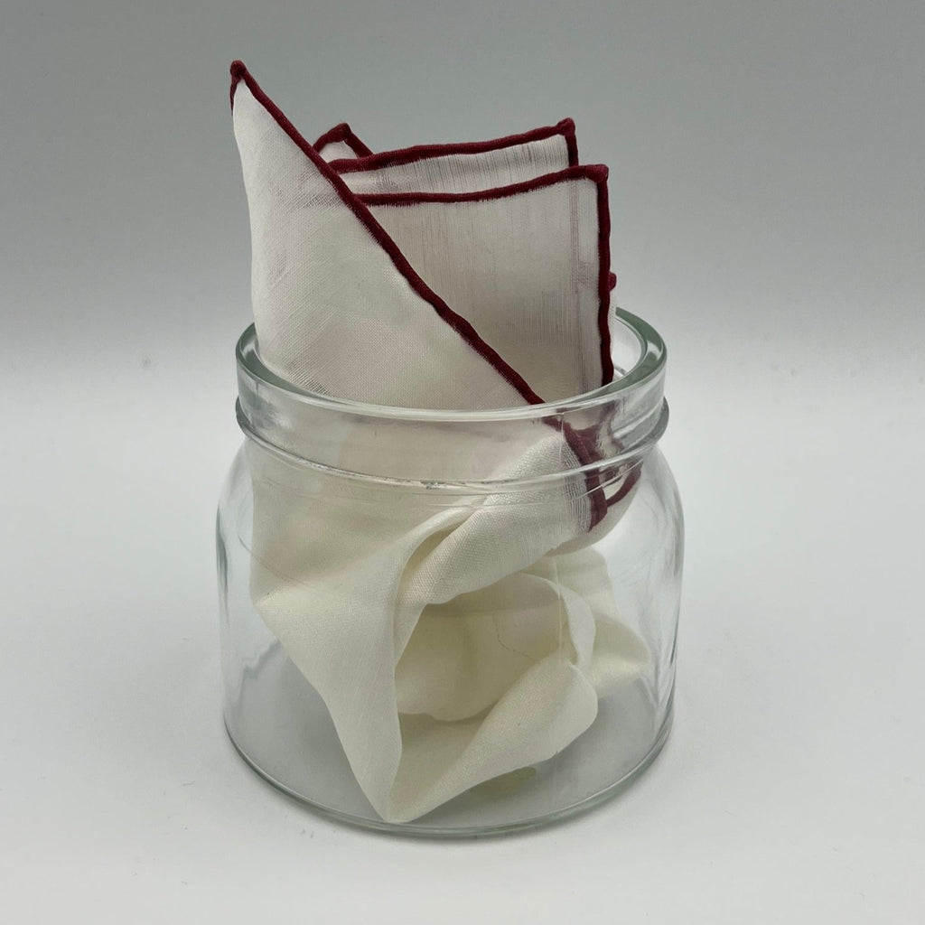 Cruciani & Bella 60%Linen 40% Cotton Hand-rolled  -  Pocket Square White and Wine Handmade in Italy 33 cm X 33 cm #7522