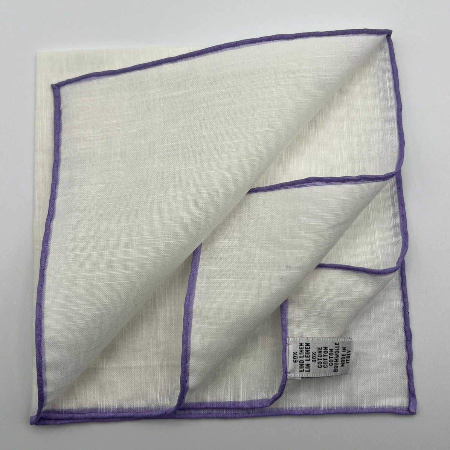 Cruciani & Bella 60%Linen 40% Cotton Hand-rolled  -  Pocket Square White and Liliac Handmade in Italy 33 cm X 33 cm #7524