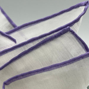 Cruciani & Bella 60%Linen 40% Cotton Hand-rolled  -  Pocket Square White and Liliac Handmade in Italy 33 cm X 33 cm #7524