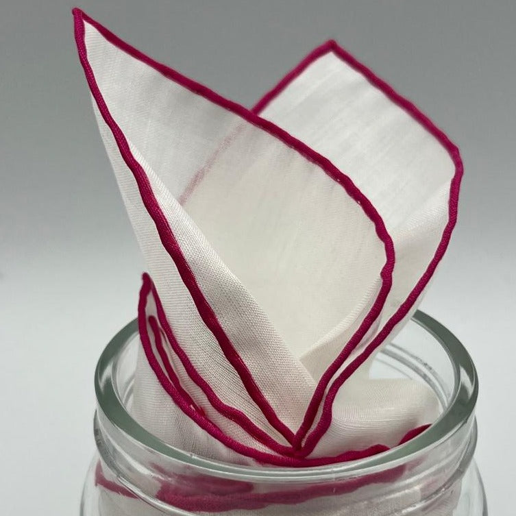 Cruciani & Bella 60%Linen 40% Cotton Hand-rolled  -  Pocket Square White and Fucsia Handmade in Italy 33 cm X 33 cm #7521