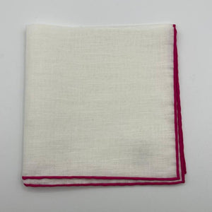 Cruciani & Bella 60%Linen 40% Cotton Hand-rolled  -  Pocket Square White and Fucsia Handmade in Italy 33 cm X 33 cm #7521