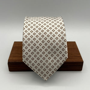 Drake's for Cruciani & Bella 100% Silk Tipped White Tie Light Brown Motif Handmade in England 9,5 cm x 146 cm #6517