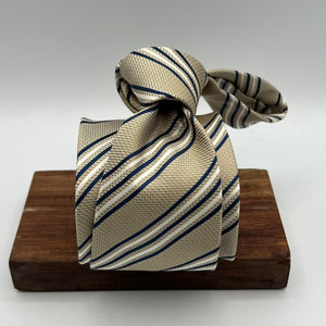 Drake's for Cruciani & Bella 100% Silk Garza Piccola Tipped  Ecru, Blue and White Stripes  Tie Handmade in England 9,5 cm x 146 cm #6544