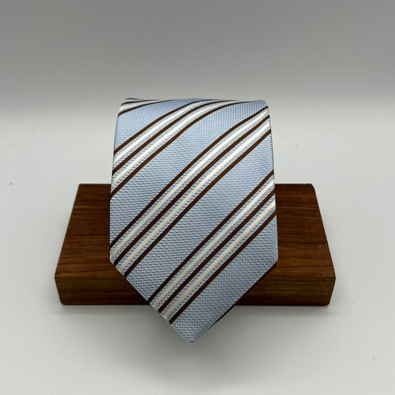 Drake's for Cruciani & Bella 100% Silk Garza Piccola Tipped  Light Blue, Brown and White Stripes  Tie Handmade in England 9 cm x 146 cm #6542
