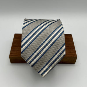 Drake's for Cruciani & Bella 100% Silk Jaquard Tipped  Grey, White and Blue Stripes  Tie Handmade in England 9,5cm x 146 cm #6555