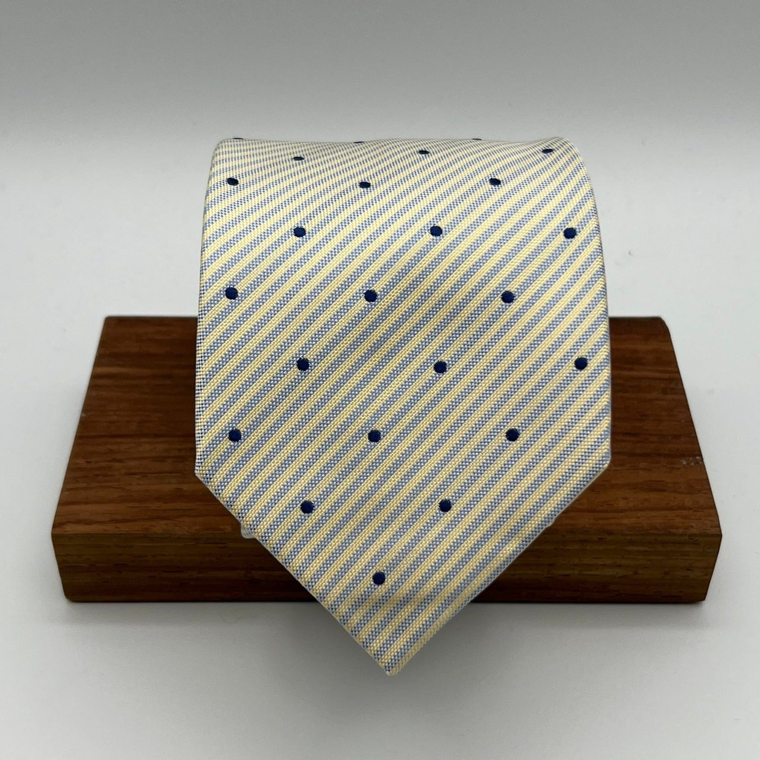 Drake's for Cruciani & Bella 100% Silk Tipped  Light Yellow Tie Light Blue and Blue Dots Handmade in England 9 cm x 146 cm #6520