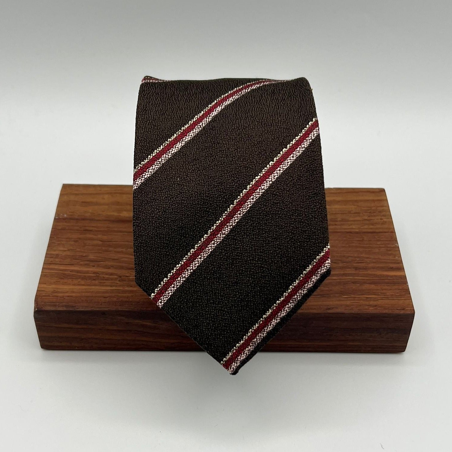 Drake's for Cruciani & Bella 100% Silk Garza  Tipped  Brown, Red and Pink Stripes  Tie Handmade in England Size 8 cm x 149 cm #5379