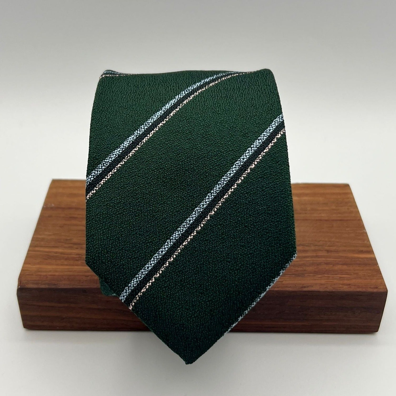 Drake's for Cruciani & Bella 100% Silk Jaquard Tipped  Green, Light Blue, Blue and White Stripes  Tie Handmade in England 8 cm x 146 cm #5410