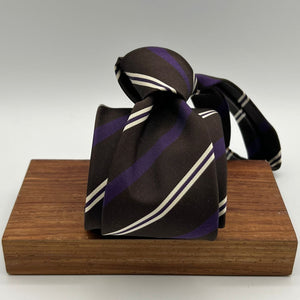 Drake's for Cruciani e Bella 100%  Woven Silk Tipped Brown, Violet and White Stripes Handmade in London, England 8 cm x 150 cm #5323