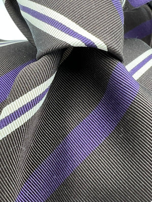 Drake's for Cruciani e Bella 100%  Woven Silk Tipped Brown, Violet and White Stripes Handmade in London, England 8 cm x 150 cm #5323